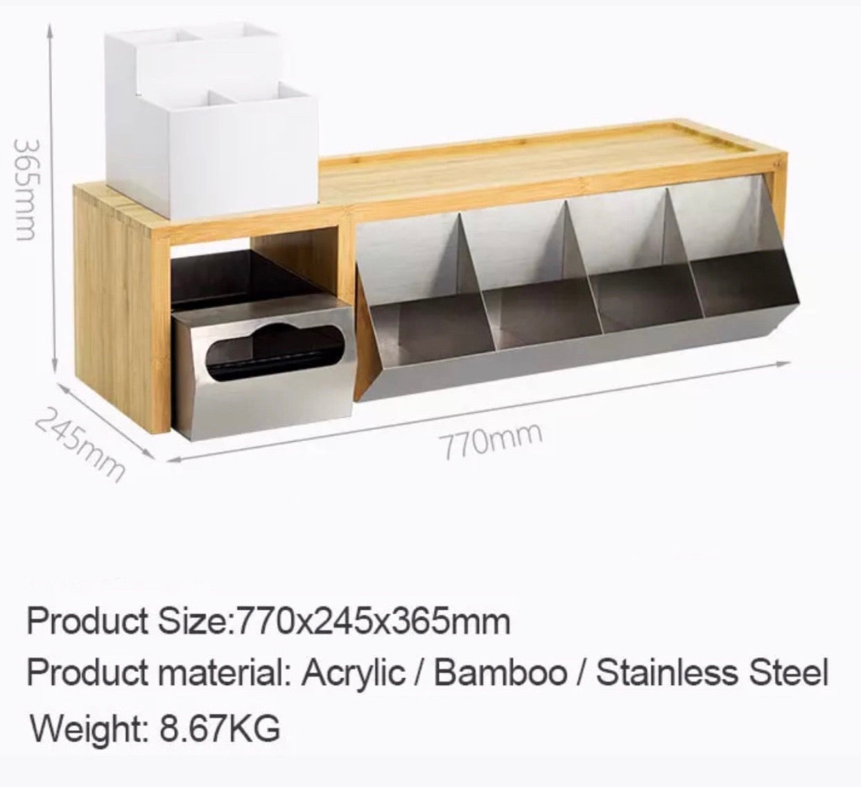 Coffee bar storage rack bamboo and stainless steel cups holder