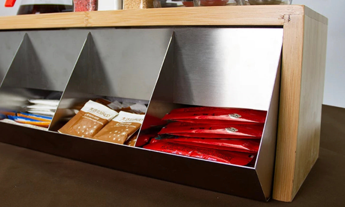 Coffee bar storage rack bamboo and stainless steel cups holder